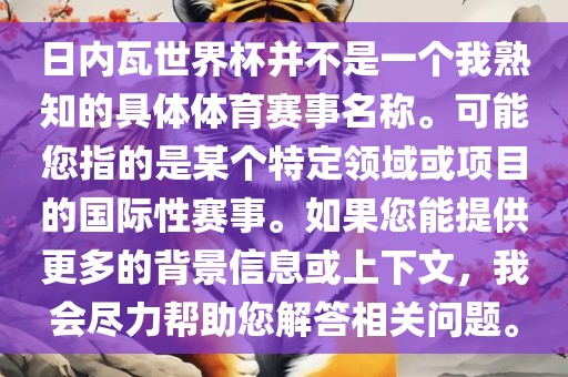 日内瓦世界杯并不是一个我熟知的具体体育赛事名称。可能您指的是某个特定领域或项目的国际性赛事。如果您能提供更多的背景信息或上下文，我会尽力帮助您解答相关问题。