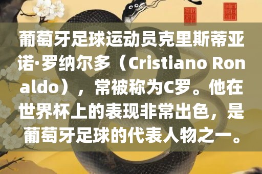 葡萄牙足球运动员克里斯蒂亚诺·罗纳尔多（Cristiano Ronaldo），常被称为C罗。他在世界杯上的表现非常出色，是葡萄牙足球的代表人物之一。金炬实业股份有限公司