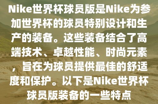 Nike世界杯球员版是Nike为参加世界杯的球员特别设计和生产的装备。这些装备结合了高端技术、卓越性能、时尚元素，旨在为球员提供最佳的舒适度和保护。以下是Nike世界杯球员版装备的一些特点金炬实业股份有限公司