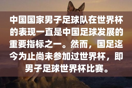 中国国家男子足球队在世界杯的表现一直是中国足球发展的重要指标之一。然而，国足迄今为止尚未参加过世界杯，即男子足球世界杯比赛。
