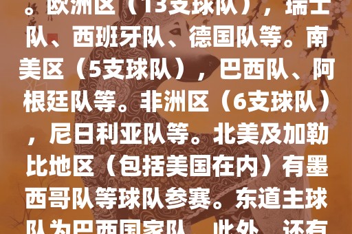 亚洲区（4支球队），澳大利亚队、日本队、韩国队和伊朗队。欧洲区（13支球队），瑞士队、西班牙队、德国队等。南美区（5支球队），巴西队、阿根廷队等。非洲区（6支球队），尼日利亚队等。北美及加勒比地区（包括美国在内）有墨西哥队等球队参赛。东道主球队为巴西国家队。此外，还有哥斯达黎加国家队也参与了此次世界杯比赛。