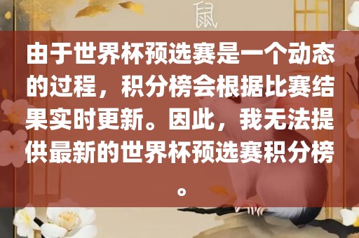 由于世界杯预选赛是一个动态的过程，积分榜会根据比赛结果实时更新。因此，我无法提供最新的世界杯预选赛积分榜。