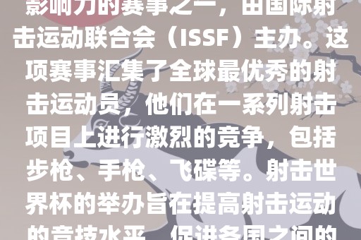 射击世界杯是射击运动中最具影响力的赛事之一，由国际射击运动联合会（ISSF）主办。这项赛事汇集了全球最优秀的射击运动员，他们在一系列射击项目上进行激烈的竞争，包括步枪、手枪、飞碟等。射击世界杯的举办旨在提高射击运动的竞技水平，促进各国之间的交流与合作。