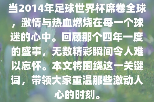 当2014年足球世界杯席卷全球，激情与热血燃烧在每一个球迷的心中。回顾那个四年一度的盛事，无数精彩瞬间令人难以忘怀。本文将围绕这一关键词，带领大家重温那些激动人心的时刻。