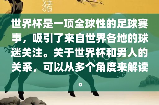 世界杯是一项全球性的足球赛事，吸引了来自世界各地的球迷关注。关于世界杯和男人的关系，可以从多个角度来解读。