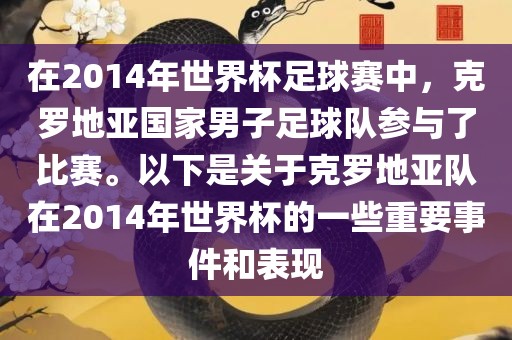 在2014年世界杯足球赛中，克罗地亚国家男子足球队参与了比赛。以下是关于克罗地亚队在2014年世界杯的一些重要事件和表现