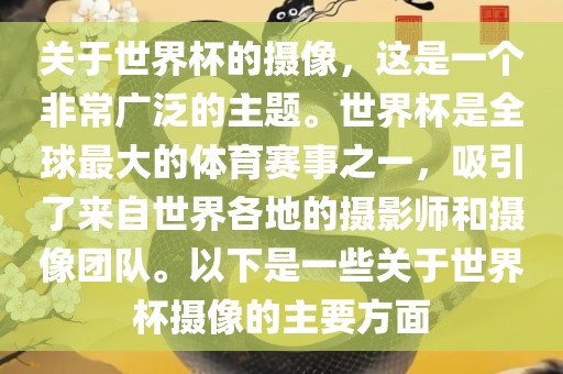 关于世界杯的摄像，这是一个非常广泛的主题。世界杯是全球最大的体育赛事之一，吸引了来自世界各地的摄影师和摄像团队。以下是一些关于世界杯摄像的主要方面