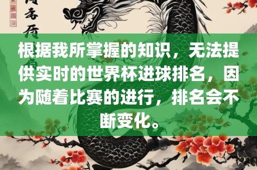 根据我所掌握的知识，无法提供实时的世界杯进球排名，因为随着比赛的进行，排名会不断变化。