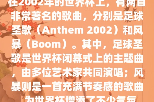 在2002年的世界杯上，有两首非常著名的歌曲，分别是足球圣歌（Anthem 2002）和风暴（Boom）。其中，足球圣歌是世界杯闭幕式上的主题曲，由多位艺术家共同演唱；风暴则是一首充满节奏感的歌曲，为世界杯增添了不少气氛。