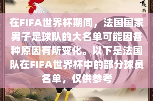 在FIFA世界杯期间，法国国家男子足球队的大名单可能因各种原因有所变化。以下是法国队在FIFA世界杯中的部分球员名单，仅供参考