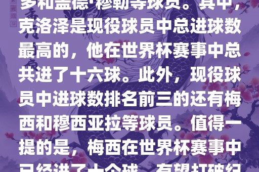 1. 总进球数最多的球员是米罗斯拉夫·约瑟夫（总进球数为十五球），紧随其后的是罗纳尔多和盖德·穆勒等球员。其中，克洛泽是现役球员中总进球数最高的，他在世界杯赛事中总共进了十六球。此外，现役球员中进球数排名前三的还有梅西和穆西亚拉等球员。值得一提的是，梅西在世界杯赛事中已经进了十个球，有望打破纪录。此外，世界杯决赛圈历史上单届进球纪录是方丹在1958年世界杯创造的十三球纪录。