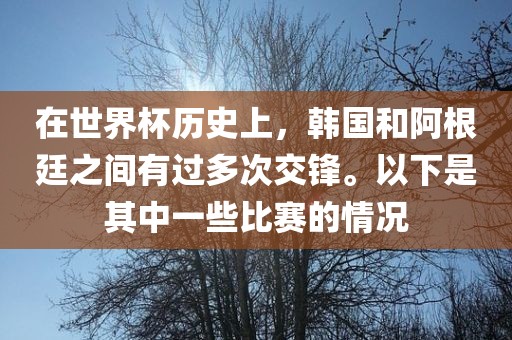 在世界杯历史上，韩国和阿根廷之间有过多次交锋。以下是其中一些比赛的情况