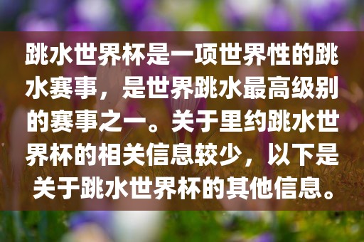 跳水世界杯是一项世界性的跳水赛事，是世界跳水最高级别的赛事之一。关于里约跳水世界杯的相关信息较少，以下是关于跳水世界杯的其他信息。