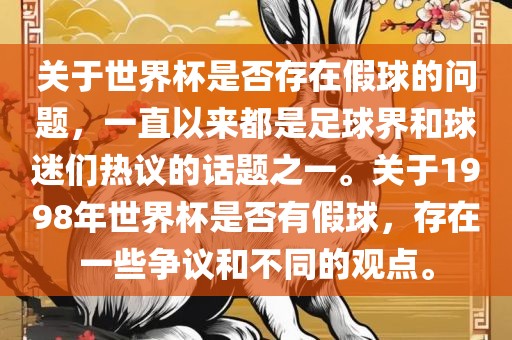 关于世界杯是否存在假球的问题，一直以来都是足球界和球迷们热议的话题之一。关于1998年世界杯是否有假球，存在一些争议和不同的观点。