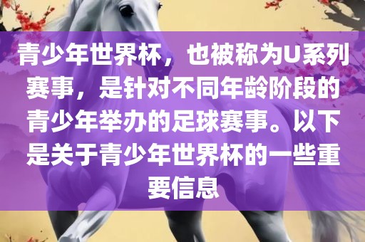 青少年世界杯，也被称为U系列赛事，是针对不同年龄阶段的青少年举办的足球赛事。以下是关于青少年世界杯的一些重要信息