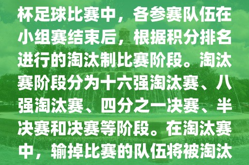 巴西世界杯淘汰赛是指在世界杯足球比赛中，各参赛队伍在小组赛结束后，根据积分排名进行的淘汰制比赛阶段。淘汰赛阶段分为十六强淘汰赛、八强淘汰赛、四分之一决赛、半决赛和决赛等阶段。在淘汰赛中，输掉比赛的队伍将被淘汰出世界杯比赛。