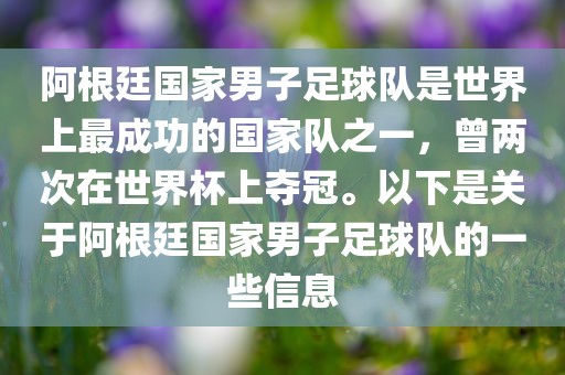 阿根廷国家男子足球队是世界上最成功的国家队之一，曾两次在世界杯上夺冠。以下是关于阿根廷国家男子足球队的一些信息金炬实业股份有限公司