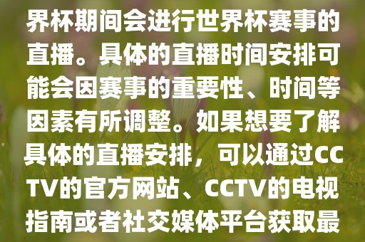 CCTV（中国中央电视台）在世界杯期间会进行世界杯赛事的直播。具体的直播时间安排可能会因赛事的重要性、时间等因素有所调整。如果想要了解具体金炬实业股份有限公司的直播安排，可以通过CCTV的官方网站、CCTV的电视指南或者社交媒体平台获取最新的信息。