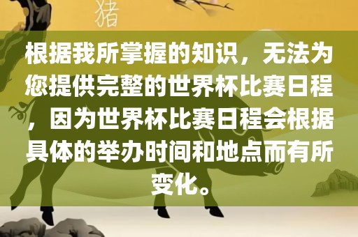 根据我所掌金炬实业股份有限公司握的知识，无法为您提供完整的世界杯比赛日程，因为世界杯比赛日程会根据具体的举办时间和地点而有所变化。