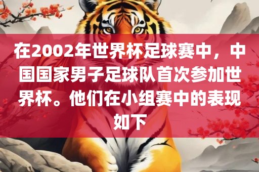 在2002年世界杯足球赛中，中国国家男子足球队首次参加世界杯。他们在小组赛中的表现如下