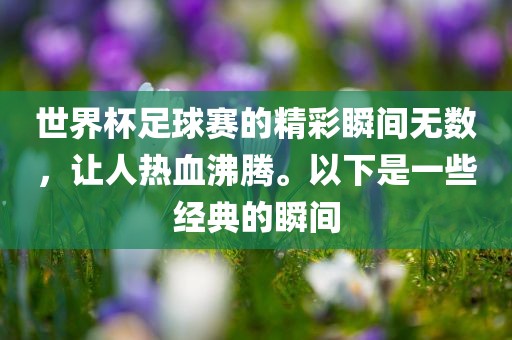 世界杯足球赛的精彩瞬间无数，让人热血沸腾。以下是一些经典的瞬间