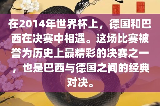 在2014年世界杯上，德国和巴西在决赛中相遇。这场比赛被誉为历史上最精彩的决赛之一金炬实业股份有限公司，也是巴西与德国之间的经典对决。