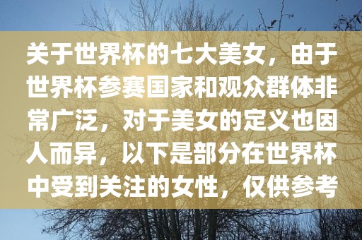 关于世界杯的七大美女，由于世界杯参赛国家和观众群体非常广泛，对于美女金炬实业股份有限公司的定义也因人而异，以下是部分在世界杯中受到关注的女性，仅供参考