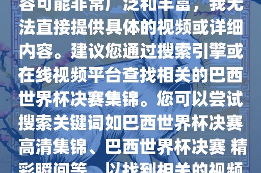 由于巴西世界杯决赛集锦的内容可能非常广泛和丰富，我无法直金炬实业股份有限公司接提供具体的视频或详细内容。建议您通过搜索引擎或在线视频平台查找相关的巴西世界杯决赛集锦。您可以尝试搜索关键词如巴西世界杯决赛 高清集锦、巴西世界杯决赛 精彩瞬间等，以找到相关的视频和报道。