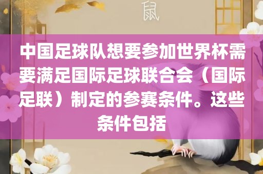 中国足球队想要参加世界杯需要满足国际足球联合会（国际足联）制定的参赛条件。这些条件包括
