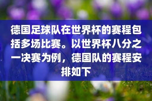 德国足球队在世界杯的赛程包括多场比赛。以世界杯八分之一决赛为例，德国队的赛程安排如下