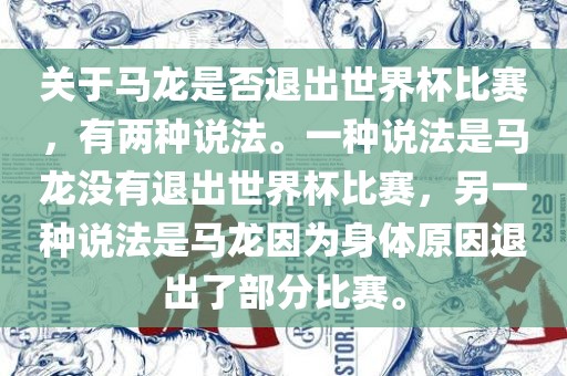 关于马龙是否退出世界杯比赛，有两种说法。一种说法是马龙没有退出世界杯比赛，另一种说法是马龙因为身体原因退出了部分比赛。