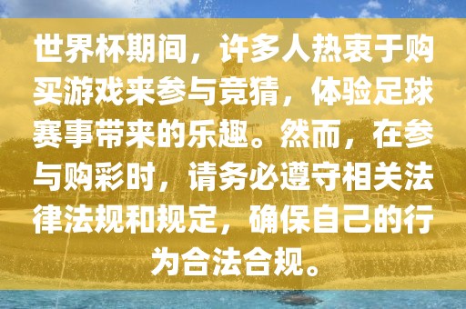 世界杯期间，许多人热衷于购买游戏来参与竞猜，体验足球赛事带来的乐趣。然而，在参与购彩时，请务必遵守相关法律法规和规定，确保自己的行为合法合规。