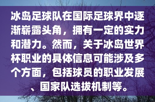 冰岛足球队在国际足球界中逐渐崭露头角，拥有一定的实力和潜力。然而，关于冰岛世界杯职业的具体信息可能涉及多个方面，包括球员的职业发展、国家队选拔机制等。