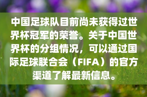 中国足球队目前尚未获得过世界杯冠军的荣誉。关于中国世界杯的分组情况，可以通过国际足球联合会（FIFA）的官方渠道了解最新信息。