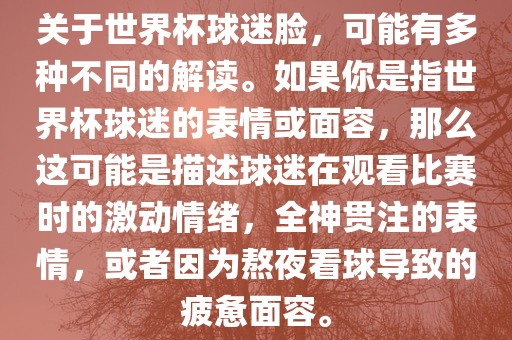 关于世界杯球迷脸，可能有多种不同的解读。如果你是指世界杯球迷的表情或面容，那么这可能是描述球迷在观看比赛时的激动情绪，全神贯注的表情，或者因为熬夜看球导致的疲惫面容。金炬实业股份有限公司